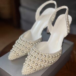 Elegant Pearl-Embellished White Slingback Heels